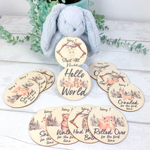 Load image into Gallery viewer, Wooden Baby Age and Milestone Discs Bundle, Woodland Animal Theme
