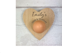 Load image into Gallery viewer, Personalised Dippy Egg Board, Heart Shaped Egg and Soldiers Serving Board. Easter Gift.