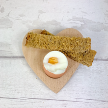 Load image into Gallery viewer, Personalised Dippy Egg Board, Heart Shaped Egg and Soldiers Serving Board. Easter Gift.
