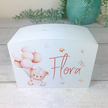 Load image into Gallery viewer, Personalised Luxury Wooden Money Box, Pink Teddy Piggy Bank.
