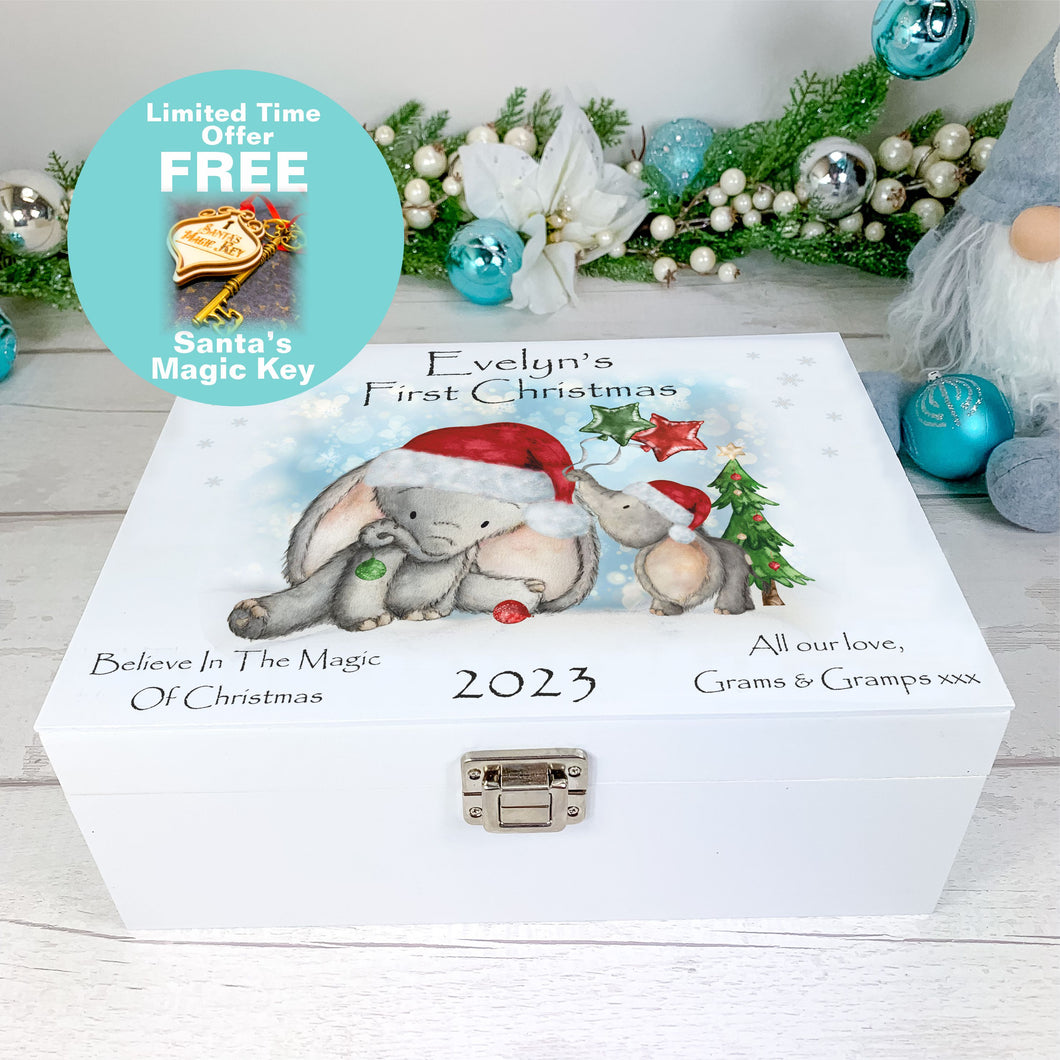 Personalised Luxury Baby's First Christmas Keepsake Box, Christmas Baby Elephants