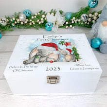 Load image into Gallery viewer, Personalised Luxury Baby&#39;s First Christmas Keepsake Box, Christmas Baby Elephants
