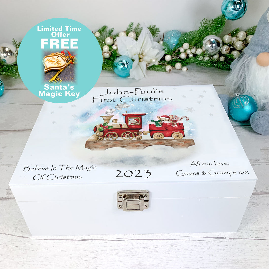 Personalised Luxury Baby's First Christmas Keepsake Box, Christmas Train