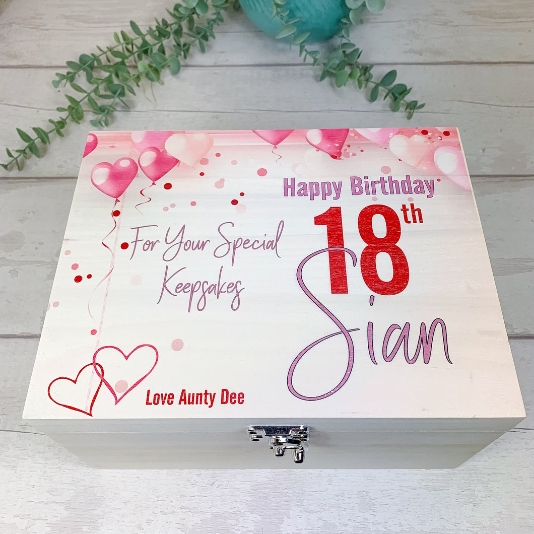 Personalised Birthday Keepsake Box, Pink Balloons