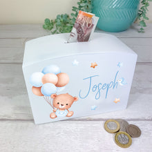 Load image into Gallery viewer, Personalised Luxury Wooden Money Box, Blue Teddy Piggy Bank.

