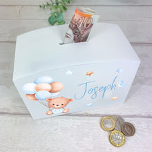 Load image into Gallery viewer, Personalised Luxury Wooden Money Box, Blue Teddy Piggy Bank.
