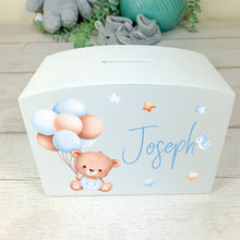 Load image into Gallery viewer, Personalised Luxury Wooden Money Box, Blue Teddy Piggy Bank.
