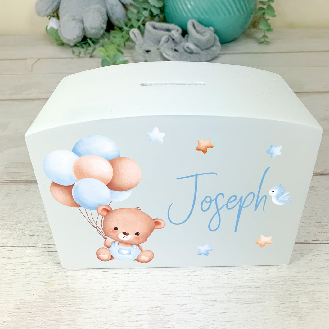 Personalised Luxury Wooden Money Box, Blue Teddy Piggy Bank.