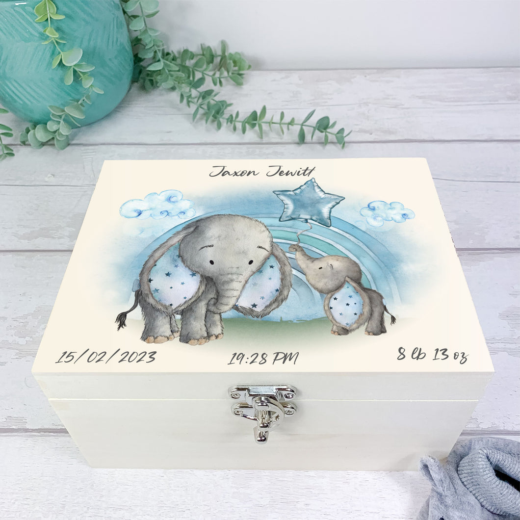 Personalised Baby Keepsake Box, Blue Elephant Theme