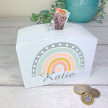 Load image into Gallery viewer, Personalised Luxury Wooden Money Box, Boho Rainbow Piggy Bank.
