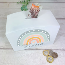 Load image into Gallery viewer, Personalised Luxury Wooden Money Box, Boho Rainbow Piggy Bank.
