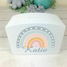 Load image into Gallery viewer, Personalised Luxury Wooden Money Box, Boho Rainbow Piggy Bank.
