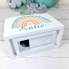 Load image into Gallery viewer, Personalised Luxury Wooden Money Box, Boho Rainbow Piggy Bank.
