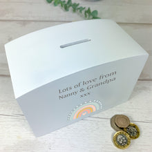 Load image into Gallery viewer, Personalised Luxury Wooden Money Box, Boho Rainbow Piggy Bank.
