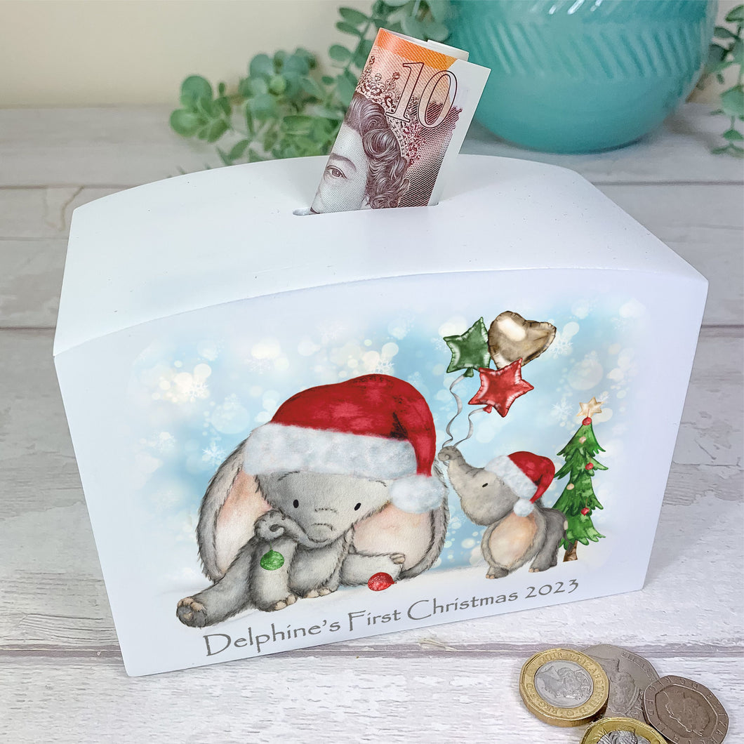 Personalised Luxury Christmas Wooden Money Box,Christmas Elephant Piggy Bank.