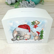 Load image into Gallery viewer, Personalised Luxury Christmas Wooden Money Box,Christmas Elephant Piggy Bank.
