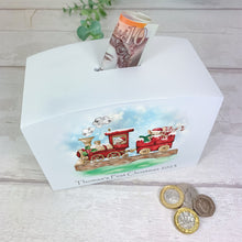 Load image into Gallery viewer, Personalised Luxury Christmas Wooden Money Box, Christmas Train Piggy Bank.
