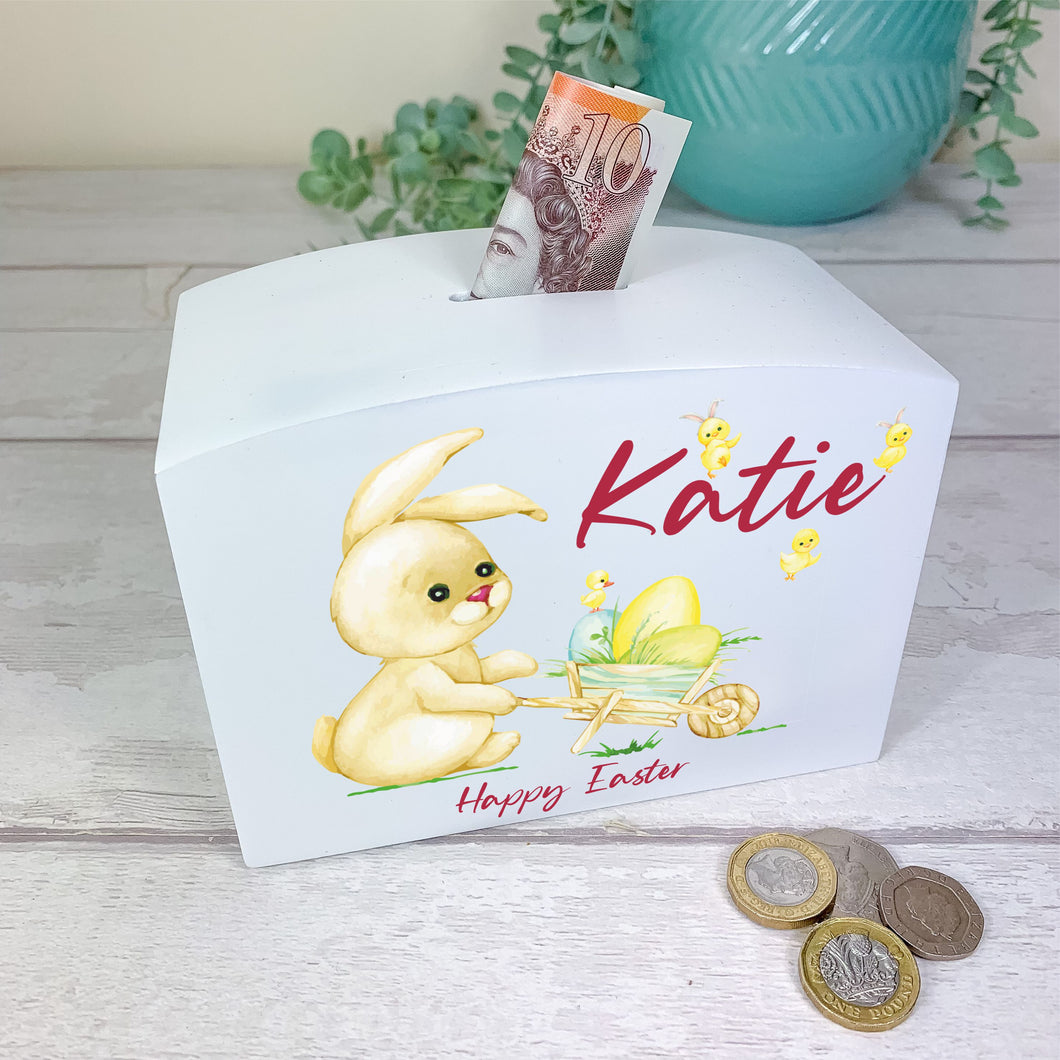 Personalised Luxury Wooden Money Box, Easter Bunny Piggy Bank.