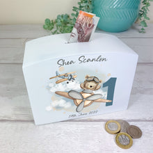 Load image into Gallery viewer, Personalised Luxury Wooden Money Box, Flying Teddy Piggy Bank.

