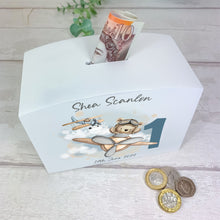 Load image into Gallery viewer, Personalised Luxury Wooden Money Box, Flying Teddy Piggy Bank.
