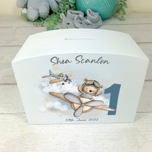 Load image into Gallery viewer, Personalised Luxury Wooden Money Box, Flying Teddy Piggy Bank.
