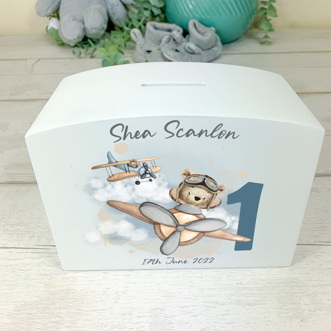Personalised Luxury Wooden Money Box, Flying Teddy Piggy Bank.