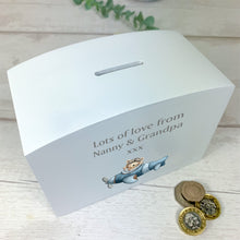 Load image into Gallery viewer, Personalised Luxury Wooden Money Box, Flying Teddy Piggy Bank.
