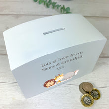 Load image into Gallery viewer, Personalised Luxury Wooden Money Box, Jungle Animal Piggy Bank.
