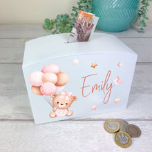 Load image into Gallery viewer, Personalised Luxury Wooden Money Box, Blue Teddy Piggy Bank.
