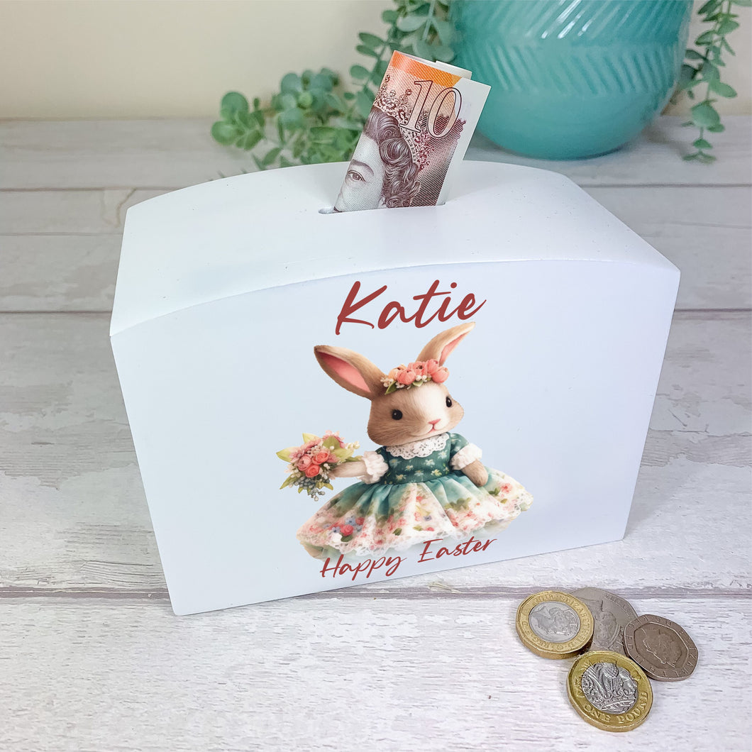 Personalised Luxury Wooden Money Box, Spring Bunny Piggy Bank.