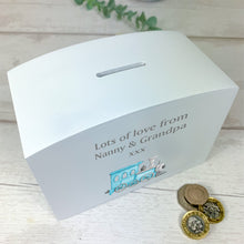 Load image into Gallery viewer, Personalised Luxury Wooden Money Box, Train Ride Piggy Bank.
