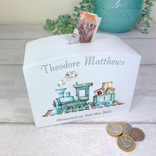 Load image into Gallery viewer, Personalised Luxury Wooden Money Box, Train Ride Piggy Bank.
