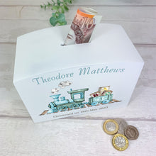 Load image into Gallery viewer, Personalised Luxury Wooden Money Box, Train Ride Piggy Bank.
