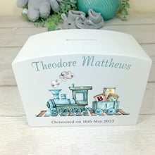 Load image into Gallery viewer, Personalised Luxury Wooden Money Box, Train Ride Piggy Bank.
