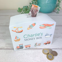 Load image into Gallery viewer, Personalised Luxury Wooden Money Box, Transport Theme Piggy Bank.
