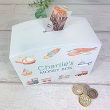 Load image into Gallery viewer, Personalised Luxury Wooden Money Box, Transport Theme Piggy Bank.
