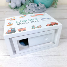 Load image into Gallery viewer, Personalised Luxury Wooden Money Box, Transport Theme Piggy Bank.
