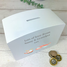 Load image into Gallery viewer, Personalised Luxury Wooden Money Box, Transport Theme Piggy Bank.
