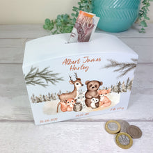 Load image into Gallery viewer, Personalised Luxury Wooden Money Box, Woodland Animal Piggy Bank.
