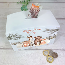 Load image into Gallery viewer, Personalised Luxury Wooden Money Box, Woodland Animal Piggy Bank.
