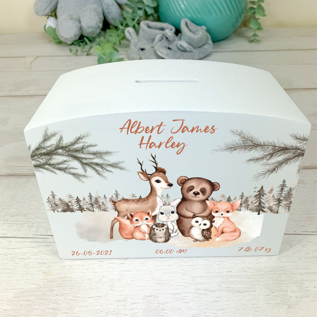 Personalised Luxury Wooden Money Box, Woodland Animal Piggy Bank.