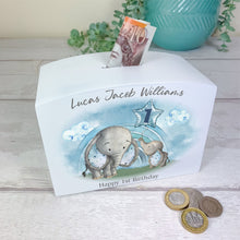 Load image into Gallery viewer, Personalised Luxury Wooden Money Box, Blue Elephant Piggy Bank.
