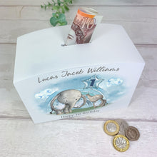 Load image into Gallery viewer, Personalised Luxury Wooden Money Box, Blue Elephant Piggy Bank.
