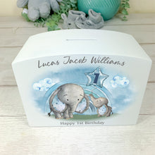 Load image into Gallery viewer, Personalised Luxury Wooden Money Box, Blue Elephant Piggy Bank.
