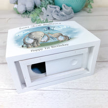 Load image into Gallery viewer, Personalised Luxury Wooden Money Box, Blue Elephant Piggy Bank.
