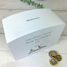 Load image into Gallery viewer, Personalised Luxury Wooden Money Box, Blue Elephant Piggy Bank.
