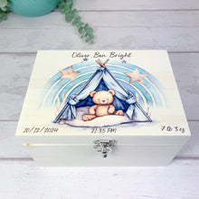 Load image into Gallery viewer, Personalised Baby Keepsake Box, Blue Sleepy Teddy Theme
