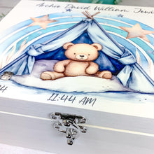 Load image into Gallery viewer, Personalised Baby Keepsake Box, Blue Sleepy Teddy Theme
