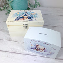 Load image into Gallery viewer, Personalised Baby Keepsake Box, Blue Sleepy Teddy Theme
