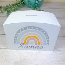 Load image into Gallery viewer, Personalised Luxury Wooden Money Box, Boho Rainbow Piggy Bank.
